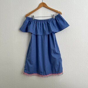 REMY Creations Chambray Off The Shoulder Pompom Hem Mini Dress S‌‌‌‌‌‌‌‌‌‌‌‌‌‌‌